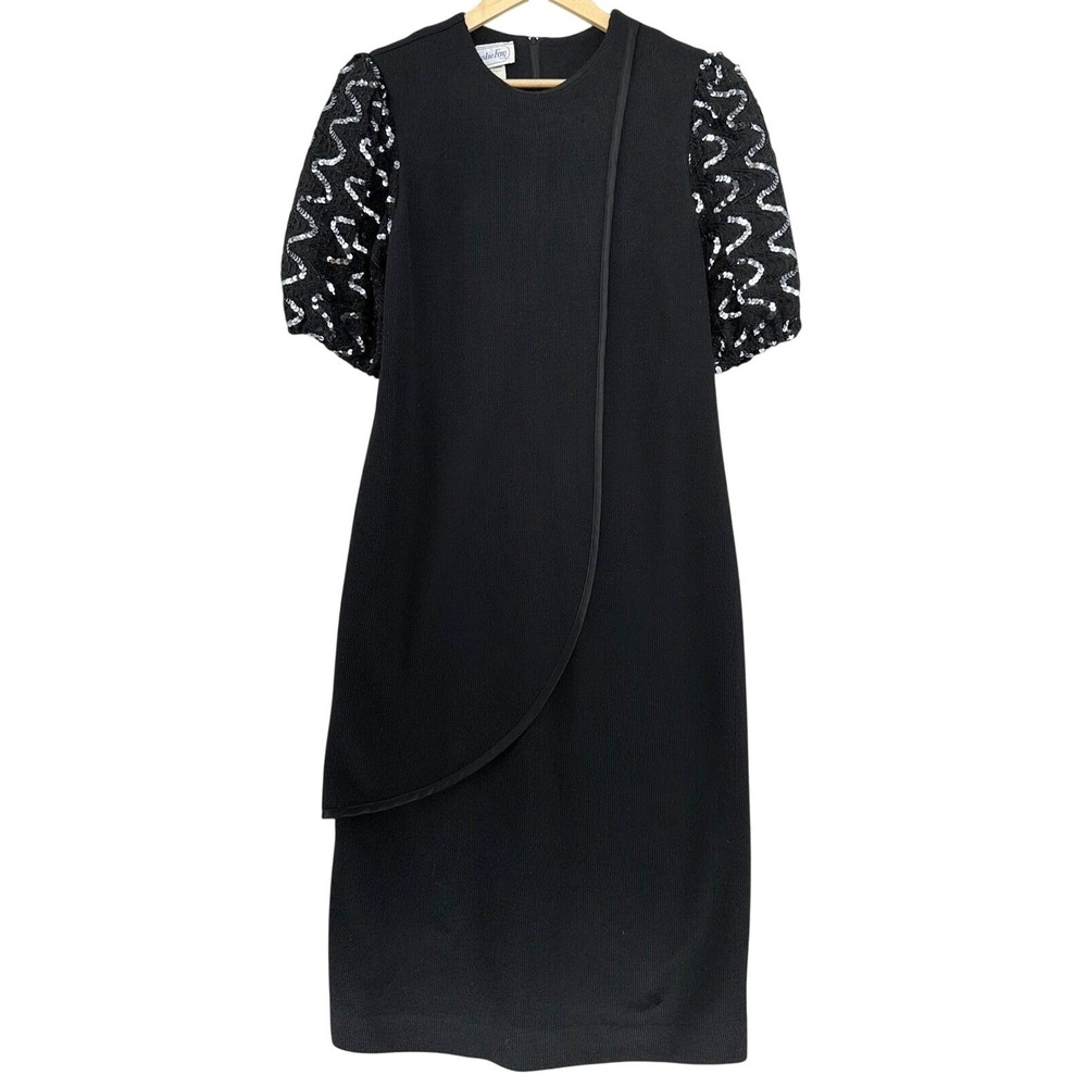 Vintage 80s Leslie Fay Black Dress Sequin Puff Sleeve Evening Cocktail Party VTG